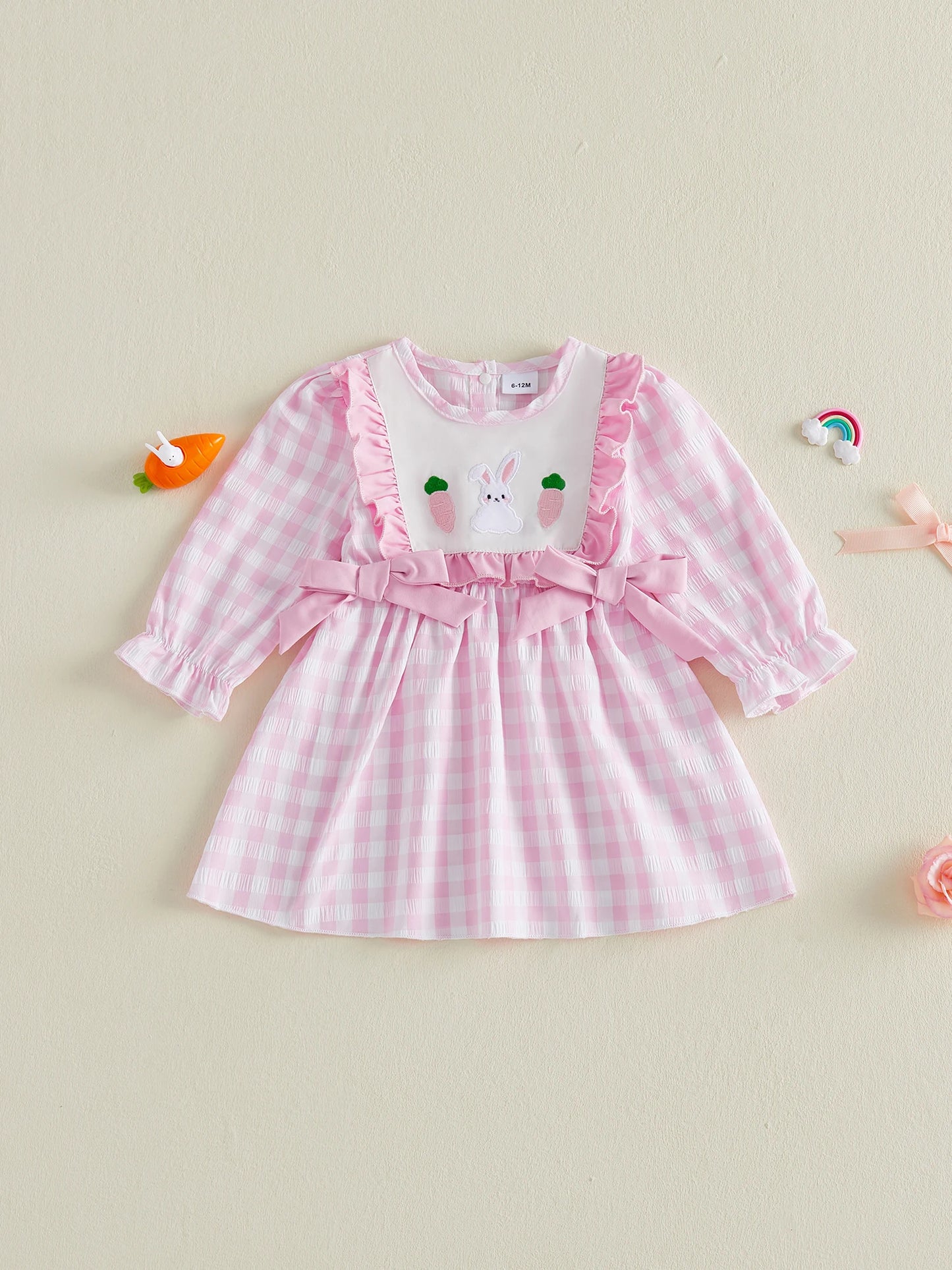Adorable Toddler Girl Easter Dress with Plaid Bunny Carrot Embroidery