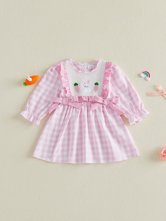 Adorable Toddler Girl Easter Dress with Plaid Bunny Carrot Embroidery