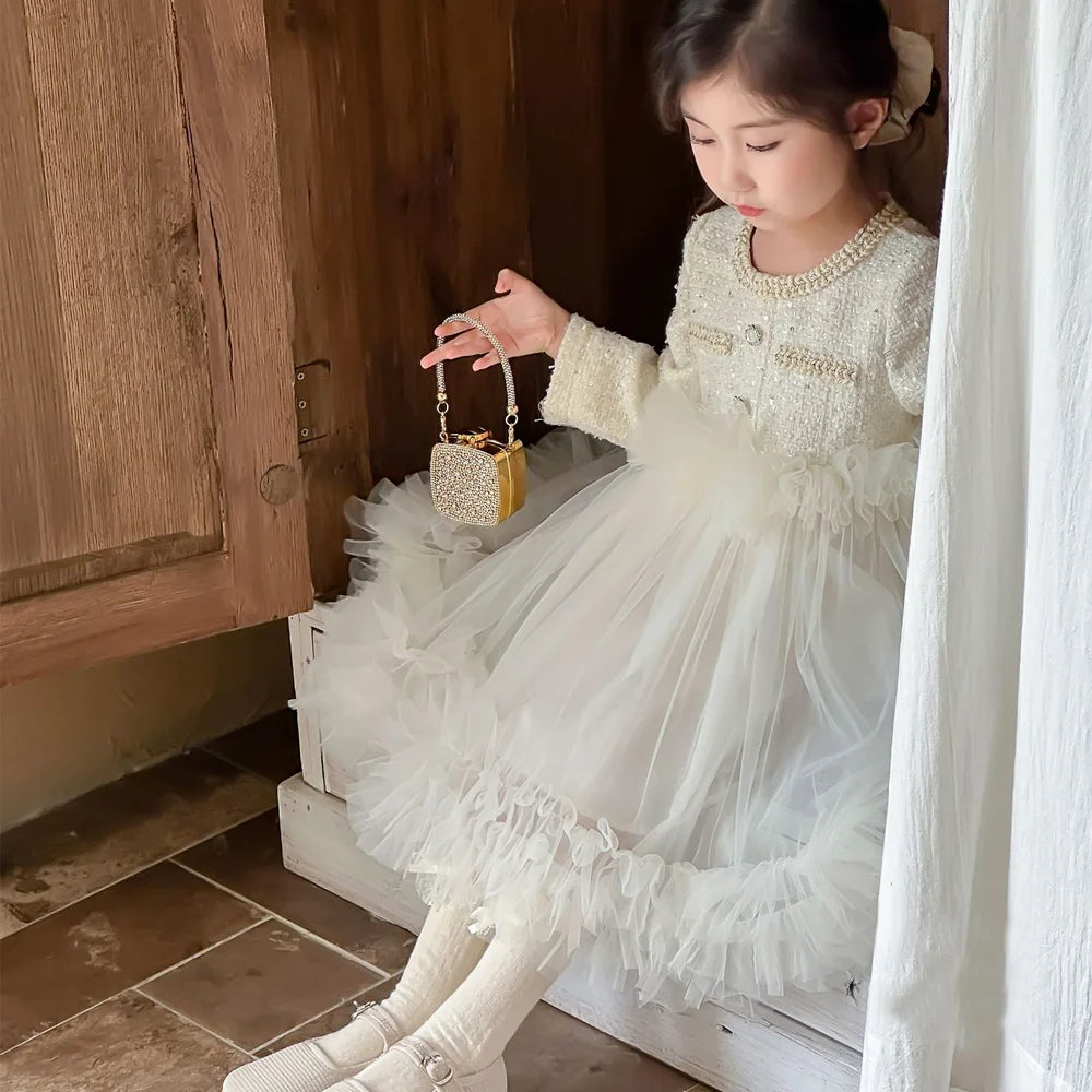 French Princess Dress With Lace Tulle Skirt White Elegant Dress