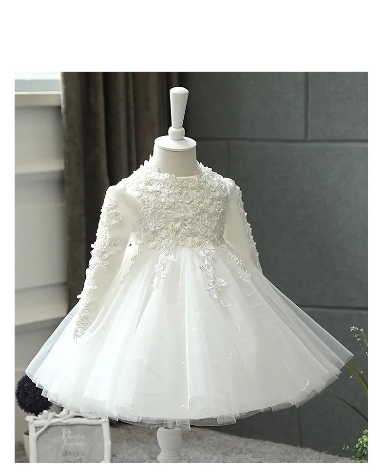 Baby Girl Wedding Dress Long Sleeve Newborn Girls Christmas Princess Gowns Beads Lace Infant Kids 1 Year Birthday Baptism Dress