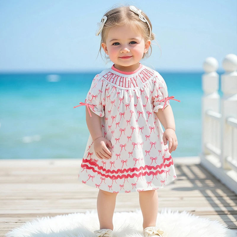 Toddler Girl Birthday Dress with Puff Sleeves and Embroidered Letters