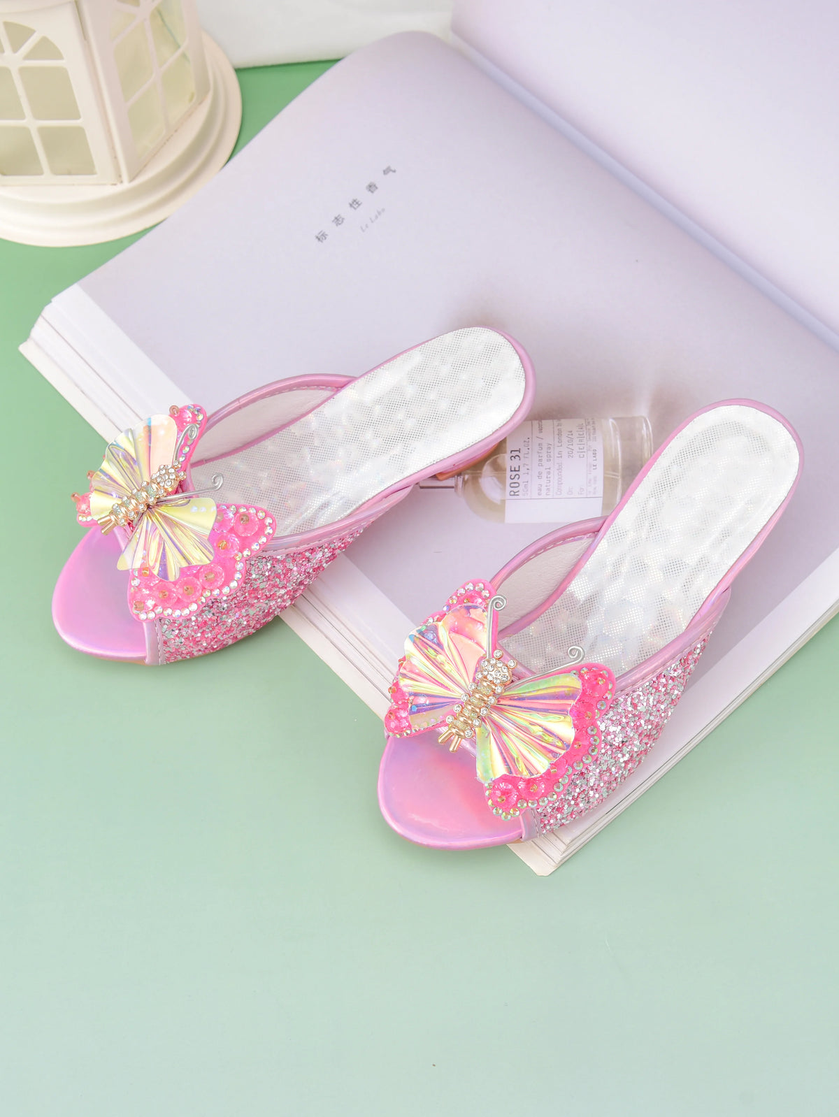 Girl's princess high-heeled slippers with bow and crystal design, children's shoes