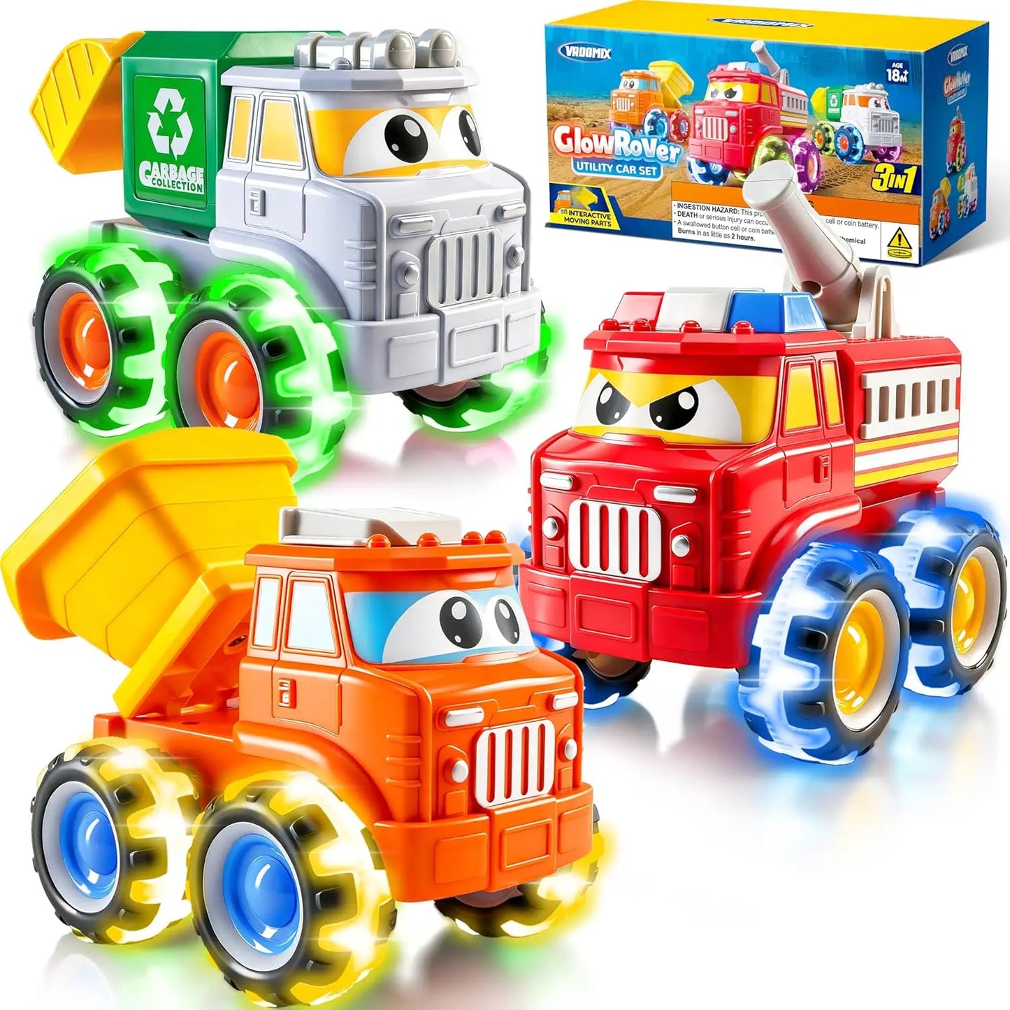 Joyfy GlowRover 3 Pack Monster Truck Toys City Construction Cars