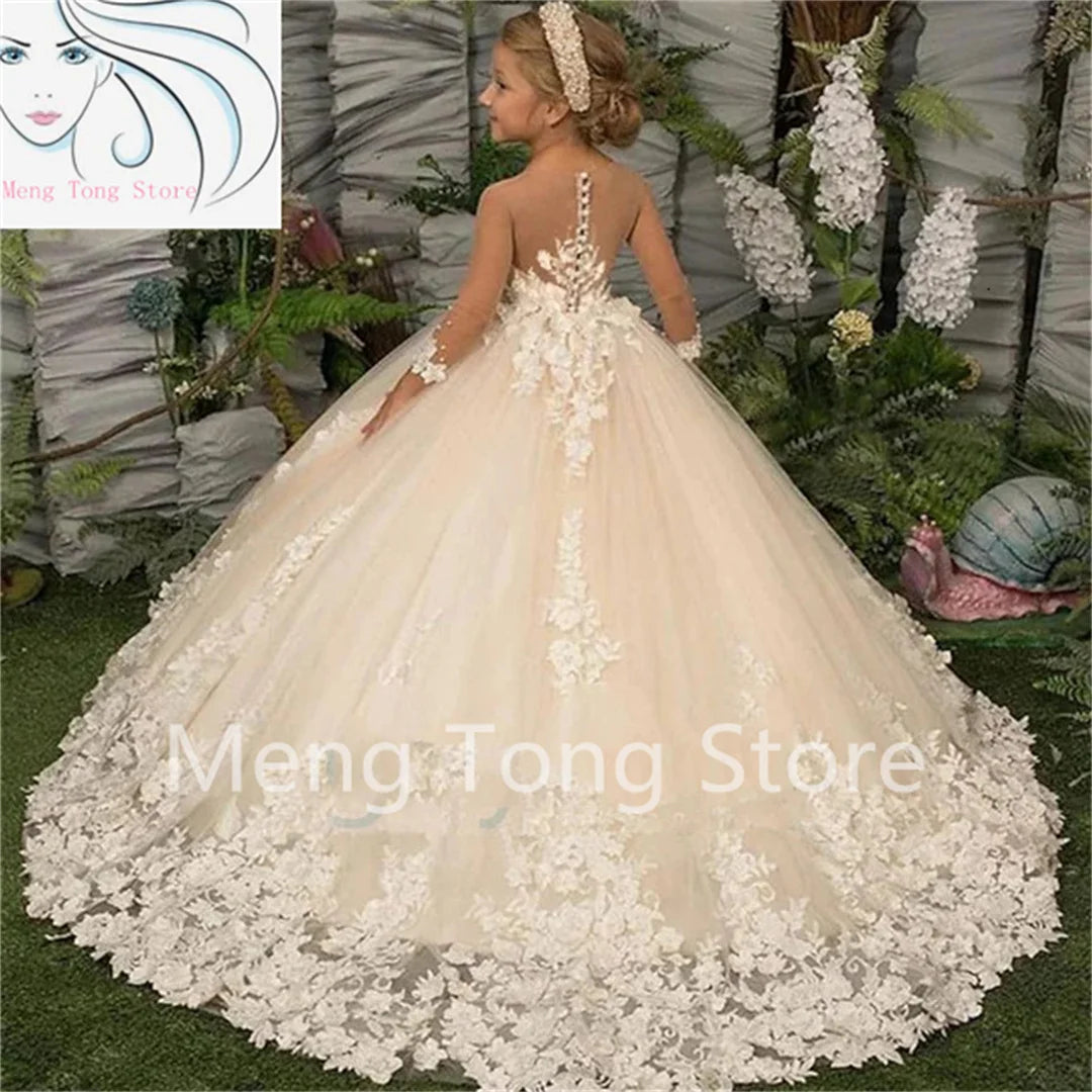 Elegance Flower Girl Dress Three Quartersleeve Appliqué Children Wedding Party Dress