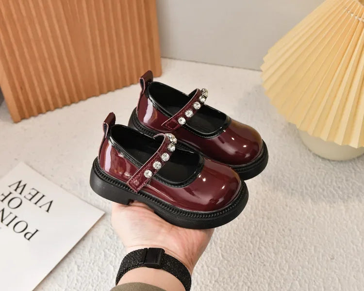 Girls Performance Shoes Round Toes Glossy 2025 Spring Autumn Kids Leather Shoes Pu Soft Sole Girls Flat Shoes Non-slip Ins Trend