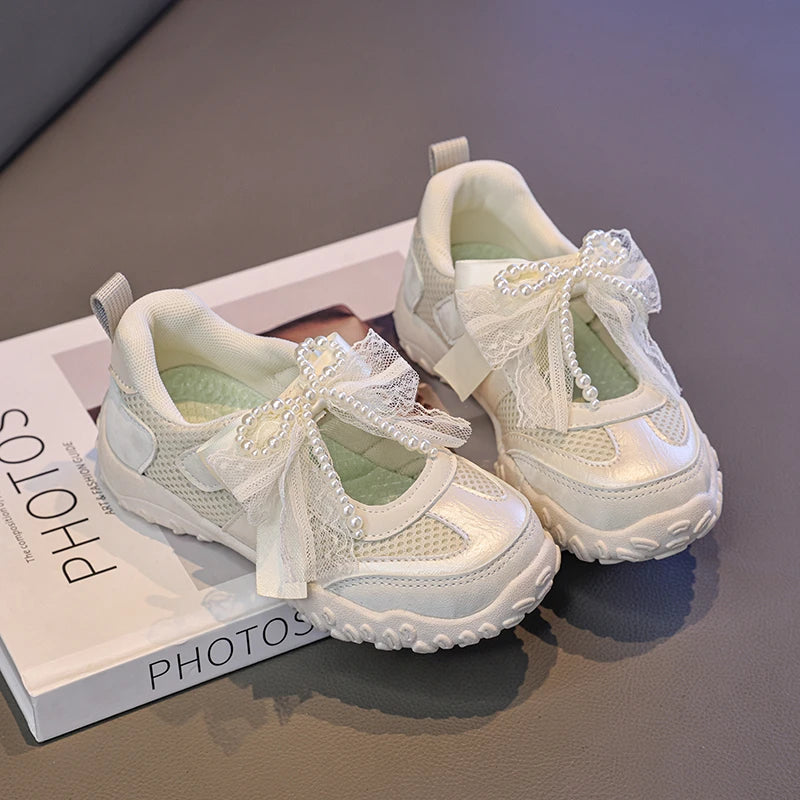 2026 Summer Kids Sport Sneakers for Girl Pearl Lace Mary Jane Flats Lightweight Non-Slip
