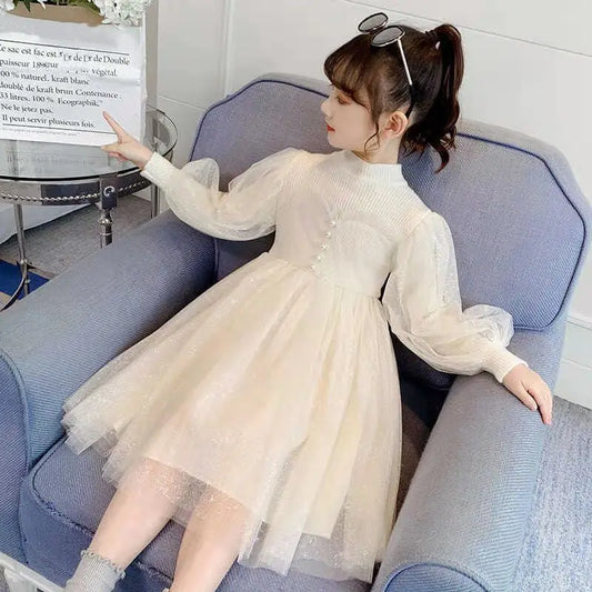 2023Girls' Autumn Winter New Fashion Half High Neck Long Sleeve Dress