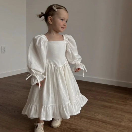 Kids Puff Sleeve White Dress Girls Cotton Linen Lolita Princess Dresses
