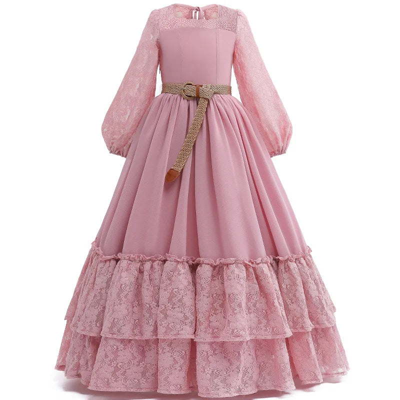 Girls lace long sleeved princess dress 2024 new high-end chiffon waist length
