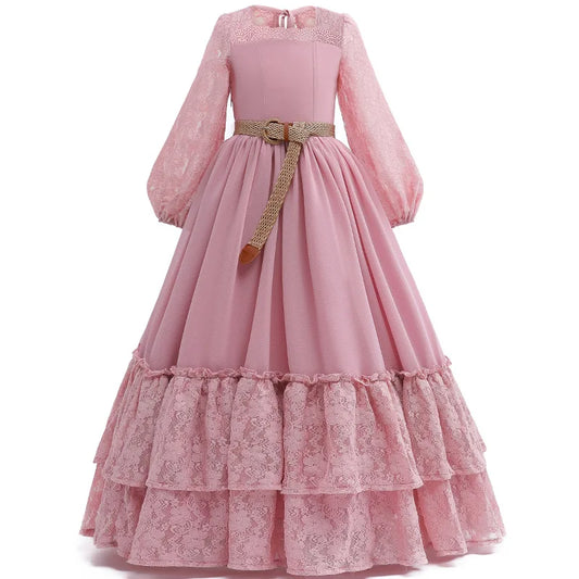 Girls lace long sleeved princess dress 2024 new high-end chiffon waist length