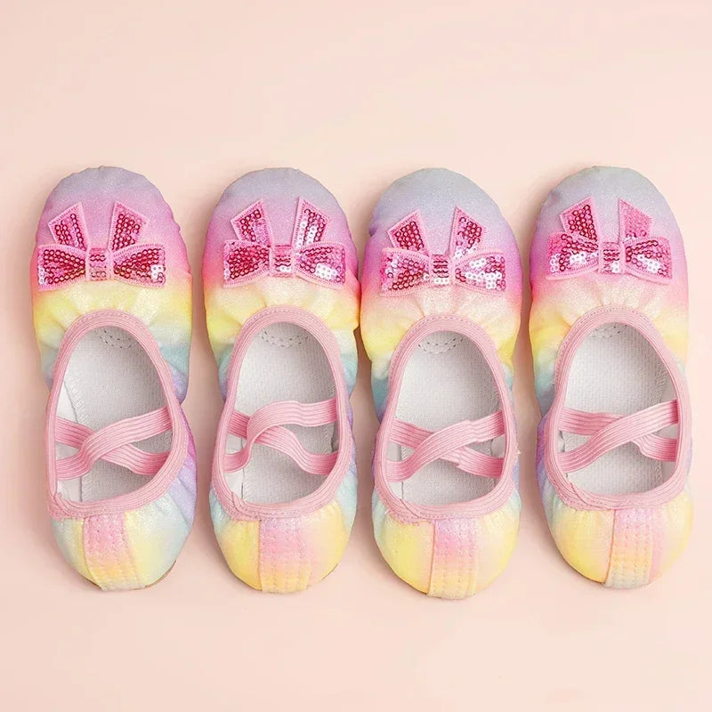 Children's Dance Shoes Girls Ballet Flats Shoes Rainbow Bow Sequins Leather Soft Soled