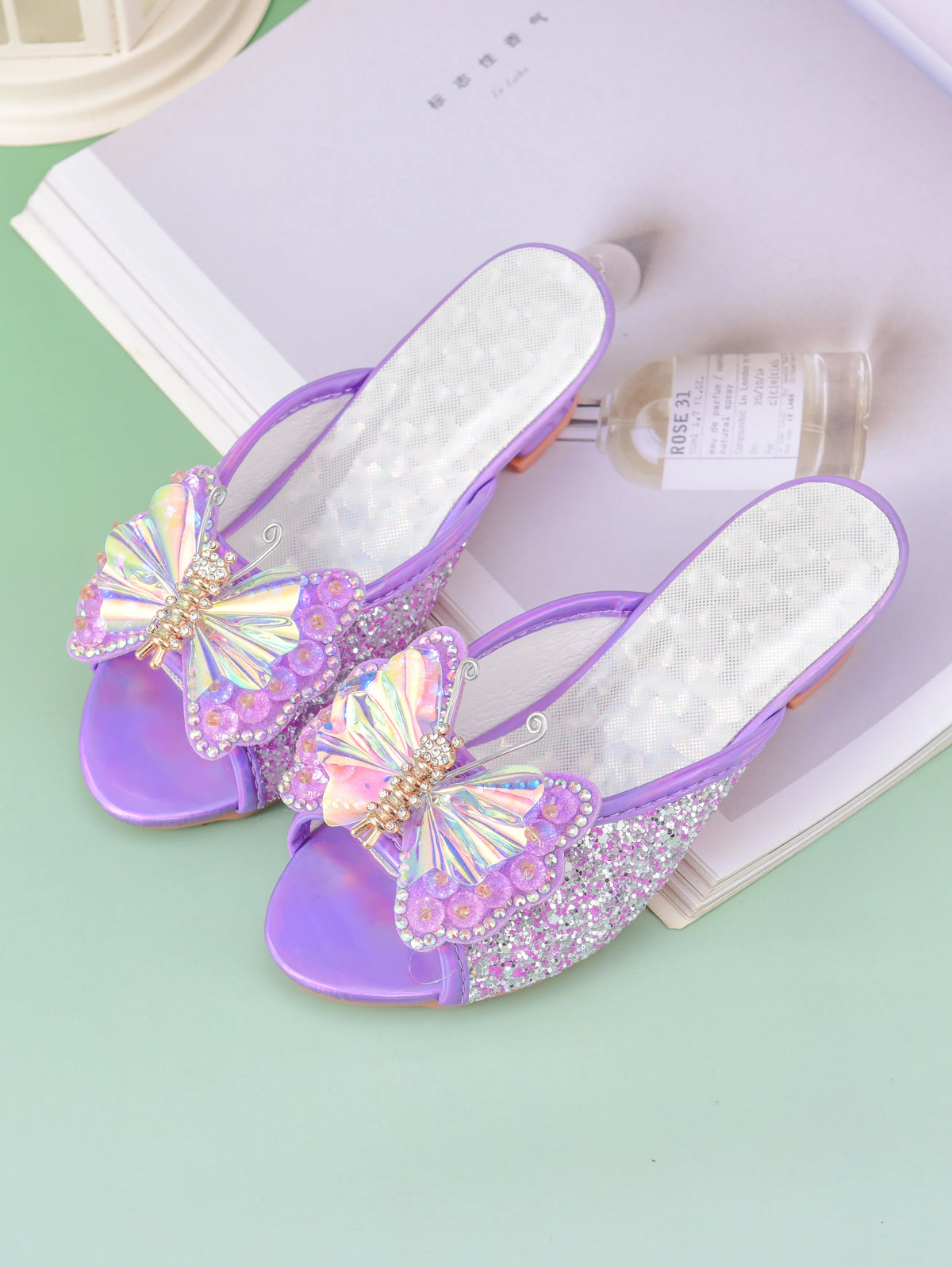 Girl's princess high-heeled slippers with bow and crystal design, children's shoes