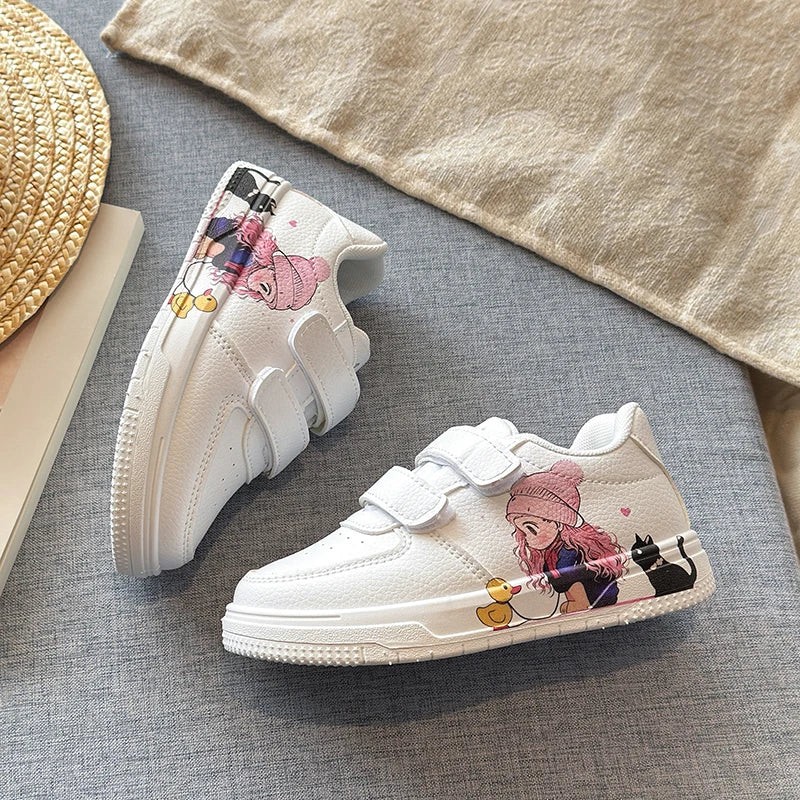 Girls White Shoes with Cartoon Girl Cat Prints Kids Casual Sneakers Fashion 2026 Spring Autumn Fashion Non-slip Classic 21-38