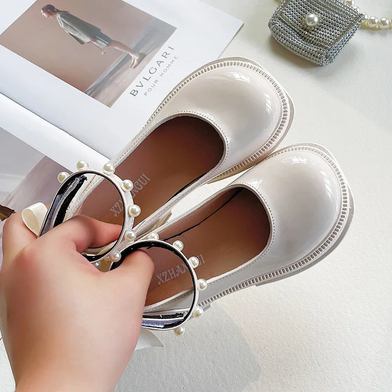 Small Pearl Leather Shoes for Girls, Soft Soles for Children