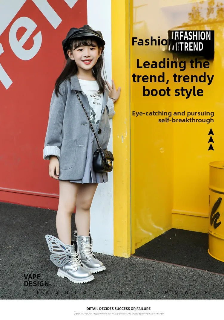 Girls Boots 2025 New Autumn Winter Fashion Butterfly Princess Botas Casual Non-slip Ankle Boots Silver Patent Leather Kids Shoes