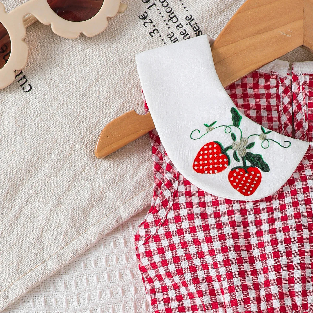Cute Baby Girl Dress Doll Collar Strawberry Print in Red Checkered Pattern Dress