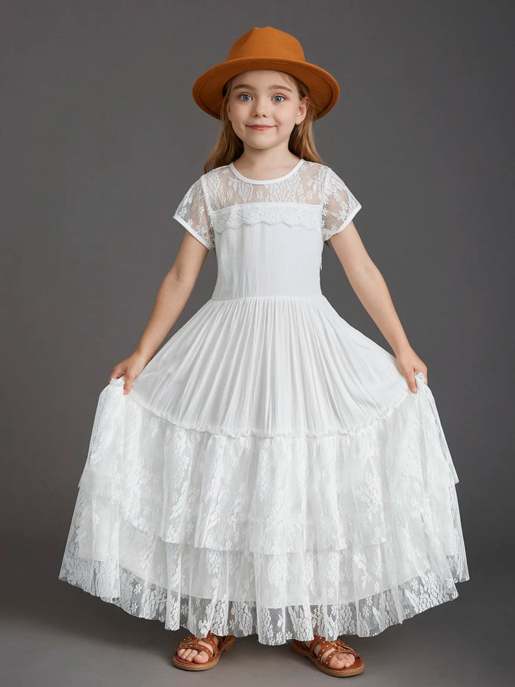 New 2024 Princess Girls Short Sleeve Lace Long Floor Dresses