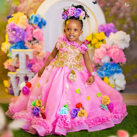 Hand Made Flower Girls Birthday Party Dresses Customized Girl's Floral Dress