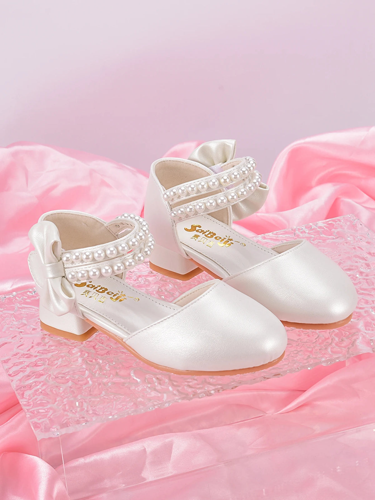 Children's Princess Shoes For Girls, Spring/Summer White Shoes With High Heels And Pearls For Big Kids