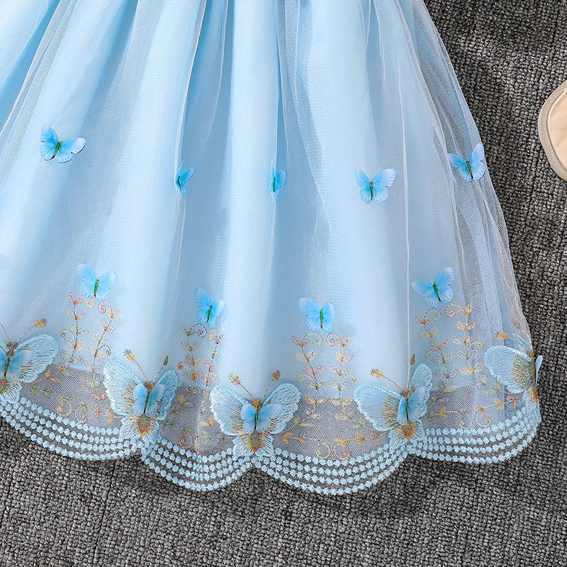 Dress For Girls Yellow O-Neck Fly-Sleeve Tulle Bowknot