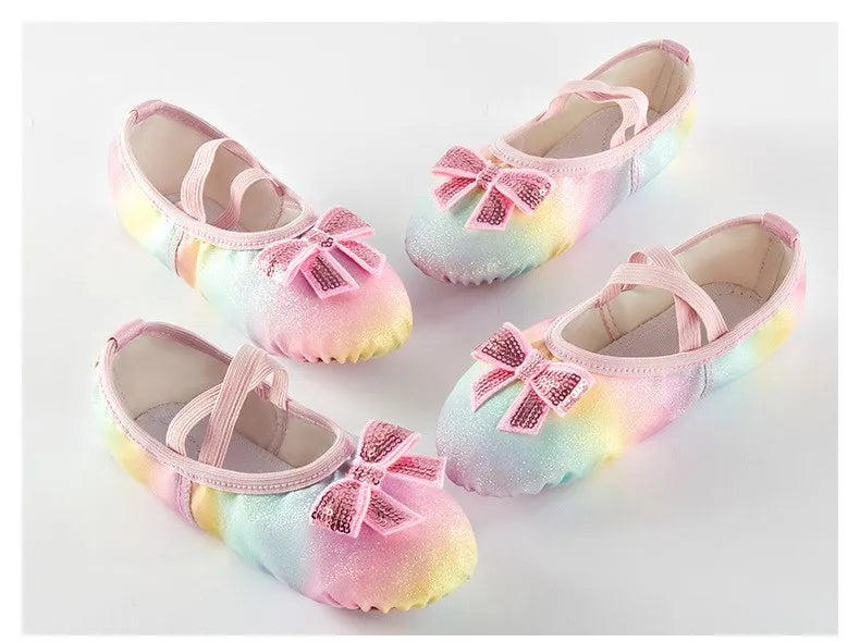 Girl Ballet Shoes Glitter Split-Sole Dance Slippers Toddler Kids Practice Shoes Flats Soft Lightweight  Elastic Laces Colorful