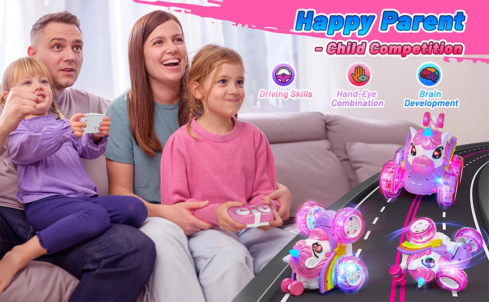 Unicorn Remote Control Car for Girls, 360° Rotating 4WD Stunt RC Cars with Cute Lights
