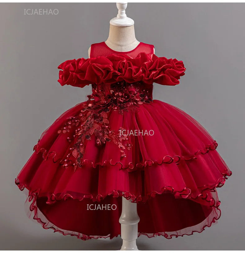 Girls Flower Girl Dress with Train Tulle Princess Gown Christmas Birthday Party Pageant Formal Dresses Kids Children Clothing
