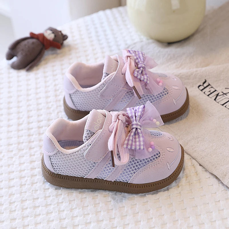 Girls Casual Shoes Spring Summer Children Hollow Sneakers with Cut-outs Breathable Holes Cute Bow-knot Soft Comfortable Sweet