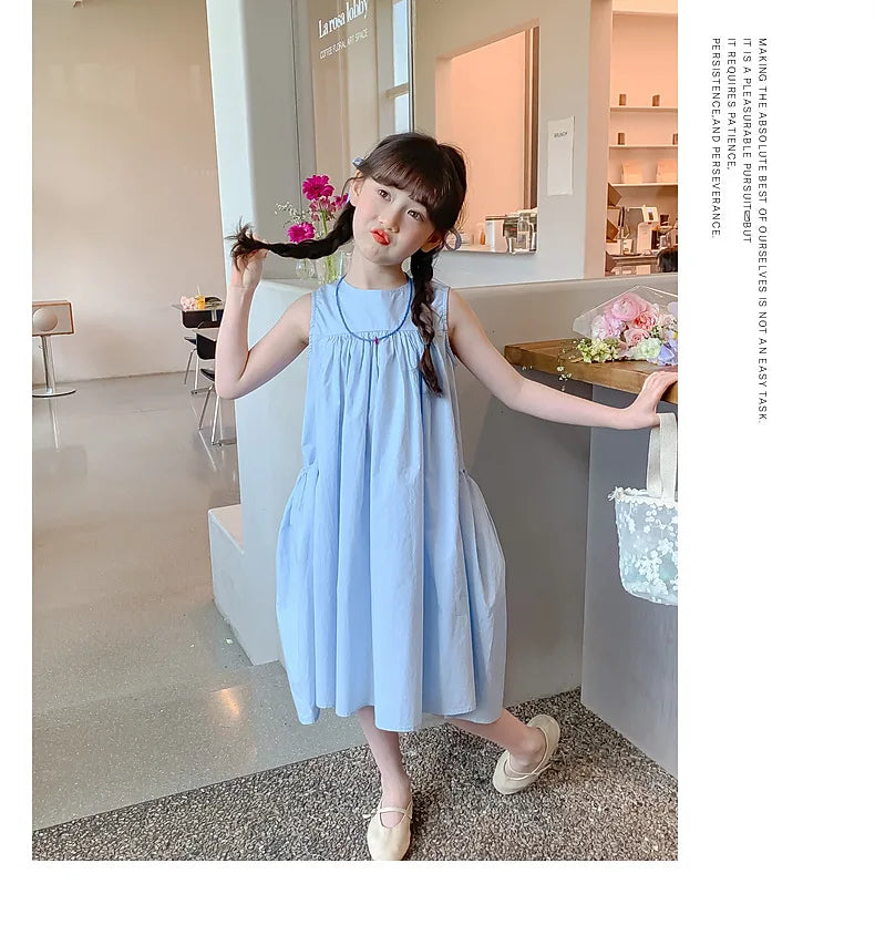 Ana Summer Junior Girl Sleeveless Dress Solid Side Cotton Dress