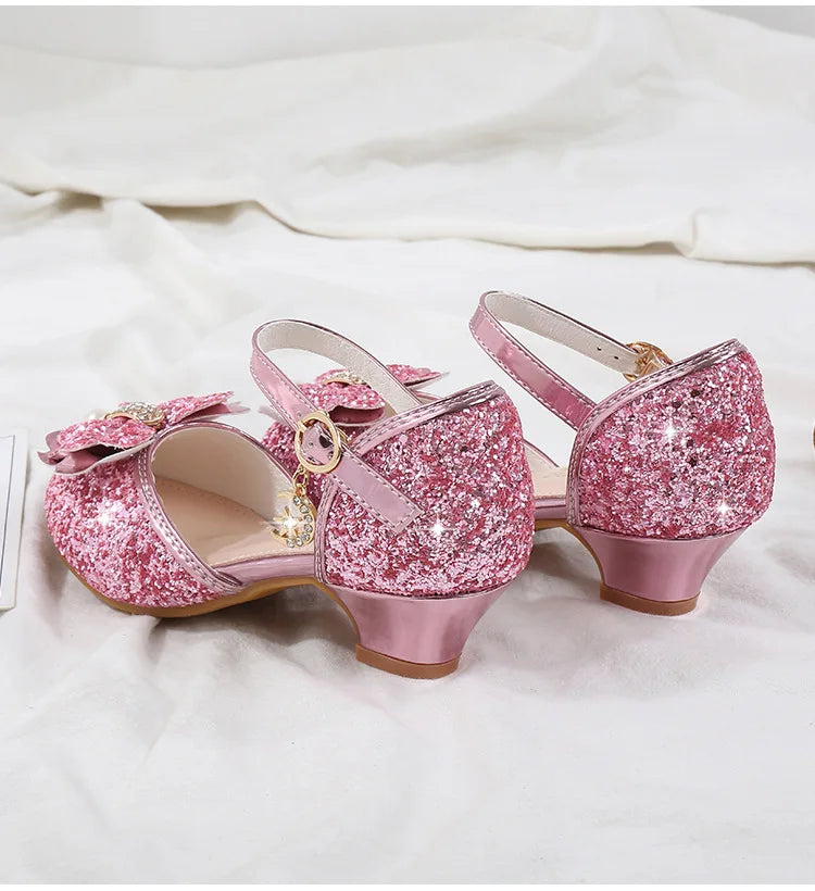Girls' High Heels Fashion New Sequin Bow Shoes Children's Dance Single Shoes