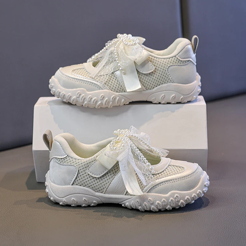 2026 Summer Kids Sport Sneakers for Girl Pearl Lace Mary Jane Flats Lightweight Non-Slip