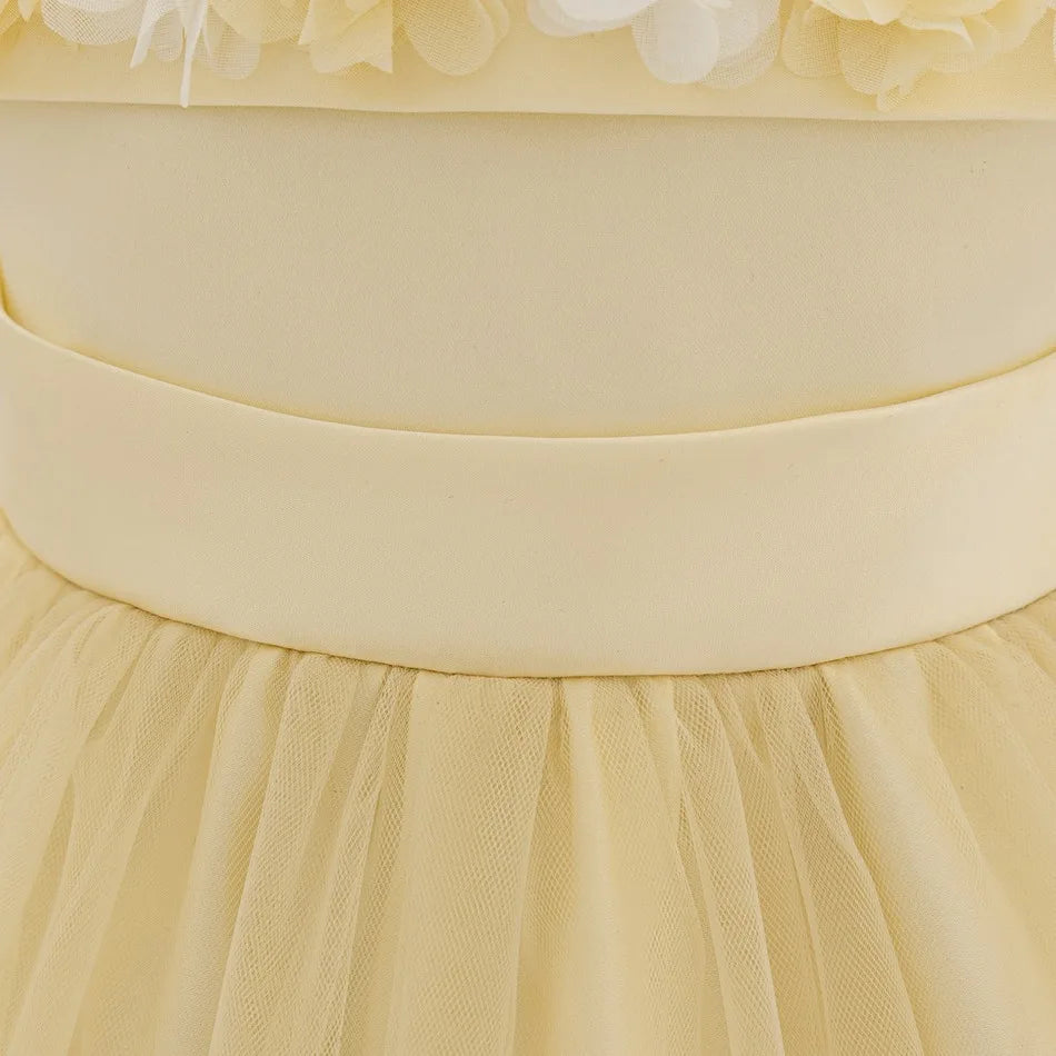 New Baby Girls 1st Princess Dress Infant Three-dimensional Flower One-word Shoulder Mesh Dress Baby Girl Performance Dress ASQ03