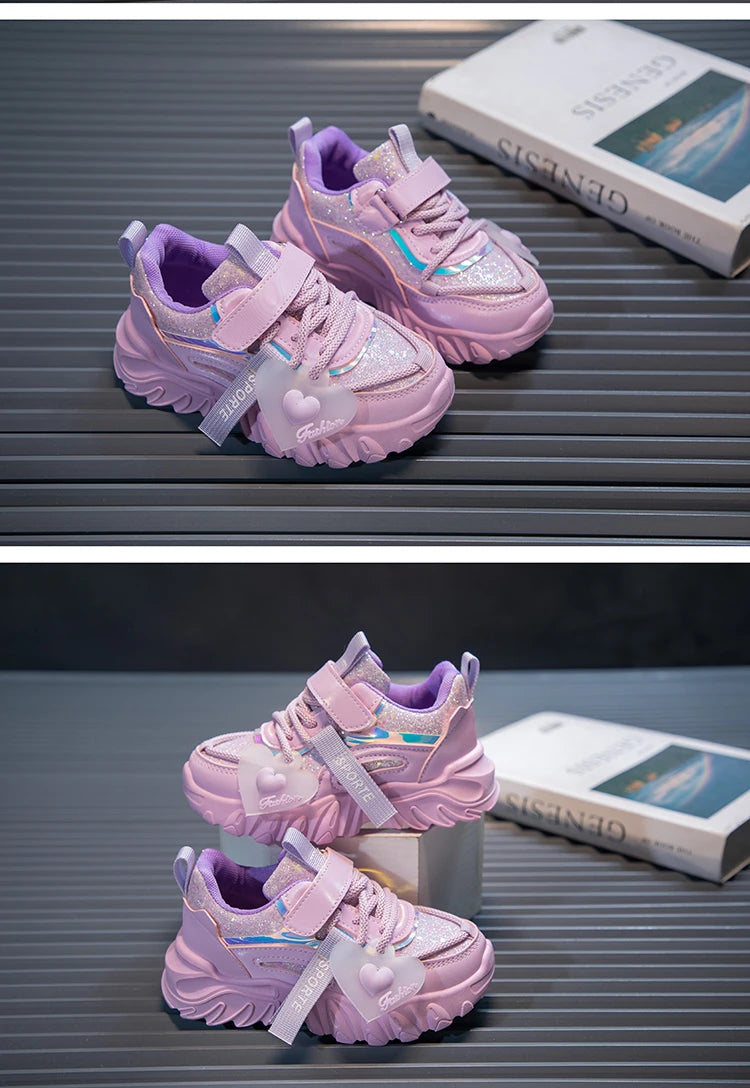 Girls Sports Shoes Kids Running Sneakers for School Fashion Cute Shiny Non-slip Children's