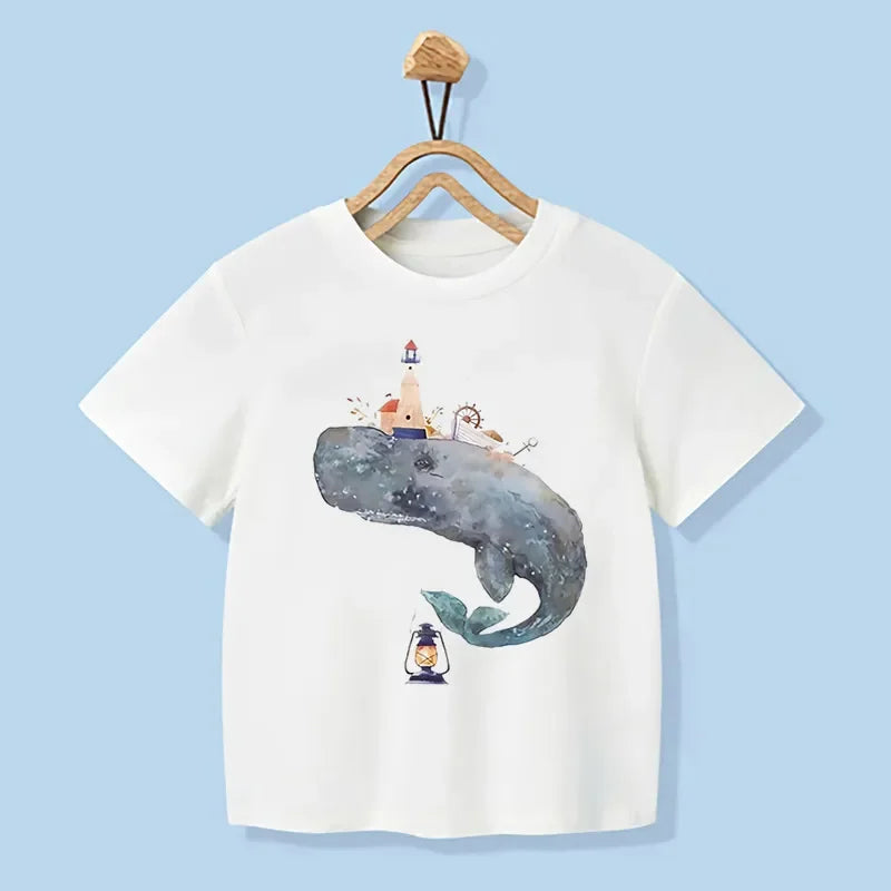 Joseph Whale Print Cartoon Kids Tees