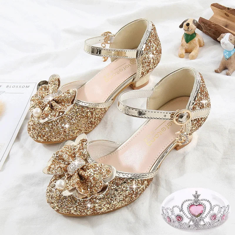 Girls' High Heels Fashion New Sequin Bow Shoes Children's Dance Single Shoes