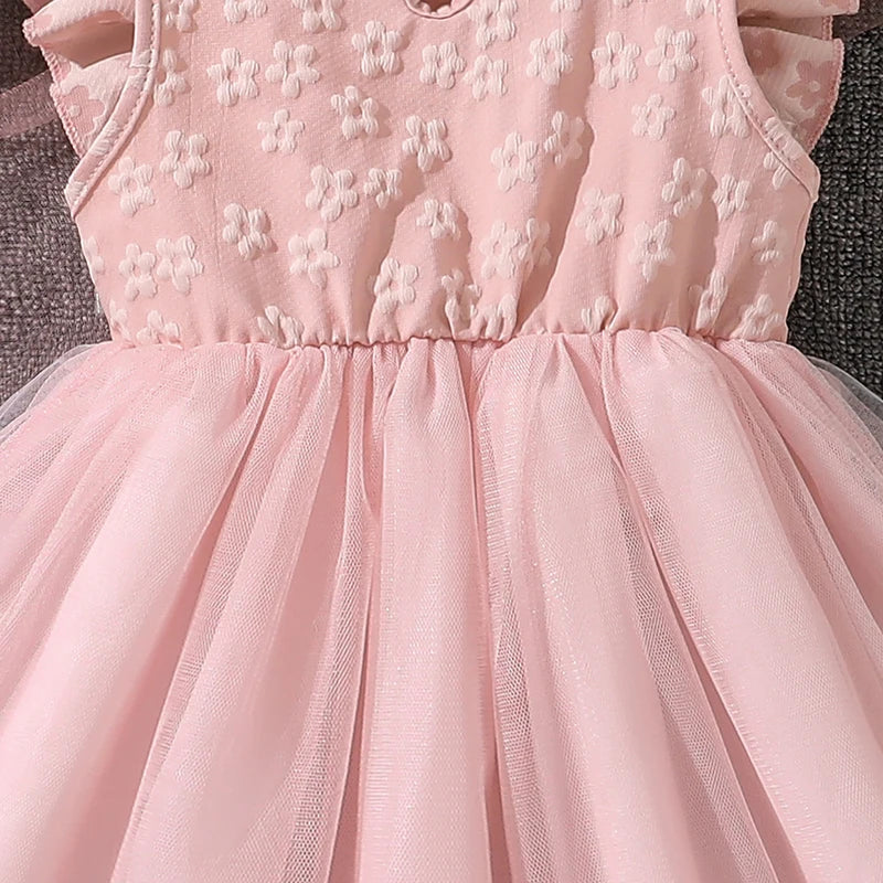 Dress For Girls Yellow O-Neck Fly-Sleeve Tulle Bowknot