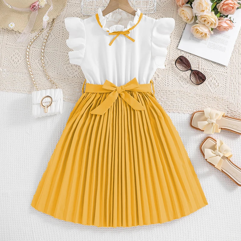 Emma Kids Dress for Girls with Pleated Skirt and Bow Tie