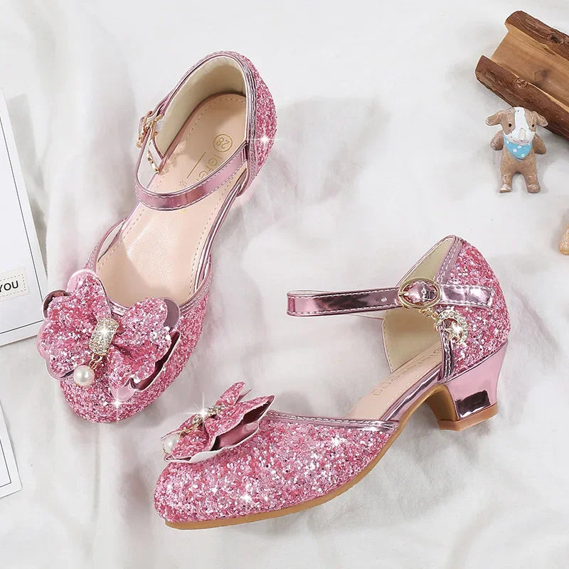 Girls' High Heels Fashion New Sequin Bow Shoes Children's Dance Single Shoes