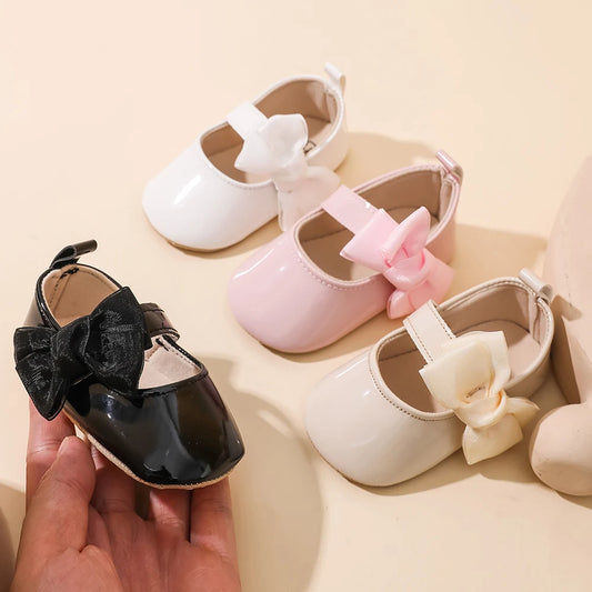 Baby Girls Bow Mary Jane Shoes Soft Non Slip Sole Magic Tape Lightweight Infant Pre Walker Newborn Crib Shoes For Daily Party We