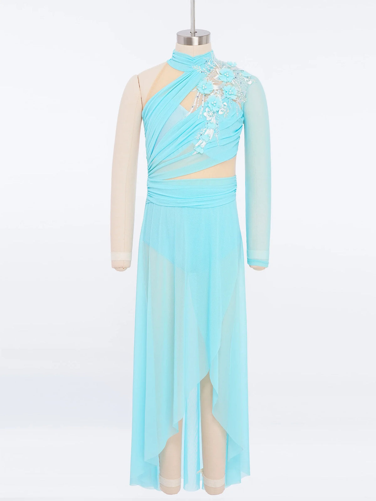Girls Delicate 3D Flower Lyrical Dance Dress Asymmetrical Ruched Long Dress Gymnastics Modern Dance Clothes Performance Dress