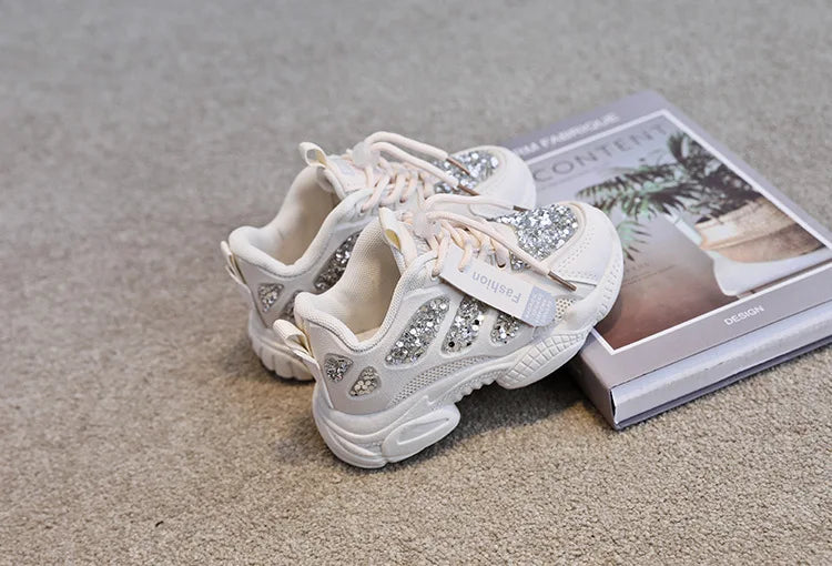 2022 Spring Fashion Women Sneakers Kids Toddler Girl Shoes Rhinestones Glittering Childen Outdoor Leisure Sports White Shoes Red