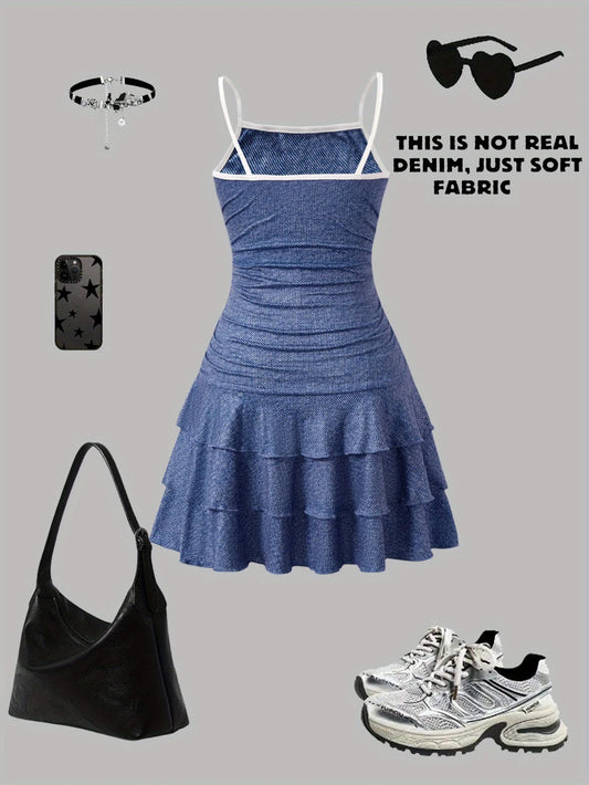 Girls' Casual Dress, Trendy Item for Girls, Faux Denim Print Suspender Dress