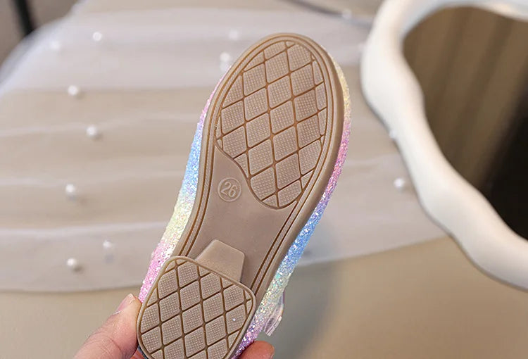2026 Girl Shoes Spring New Girls Soft Sole Leather Shoes Rainbow Sequins Dress Princess Shoes Kids Shoe Mary Jane Shoes