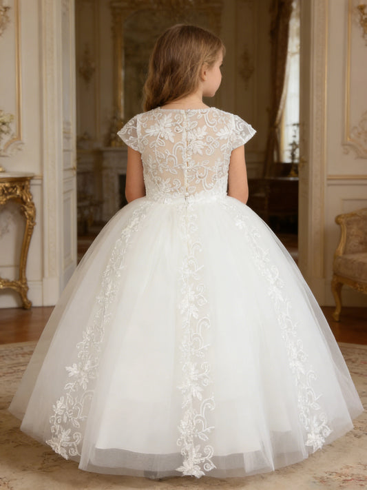 Girls V-Neck Lace Embroidered Flower Girl Dress