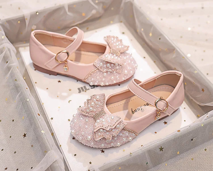 Autumn Fashion Pearl Bow Rhinestone Little Girl Shoes Flat Heels Kids Princess Shoes