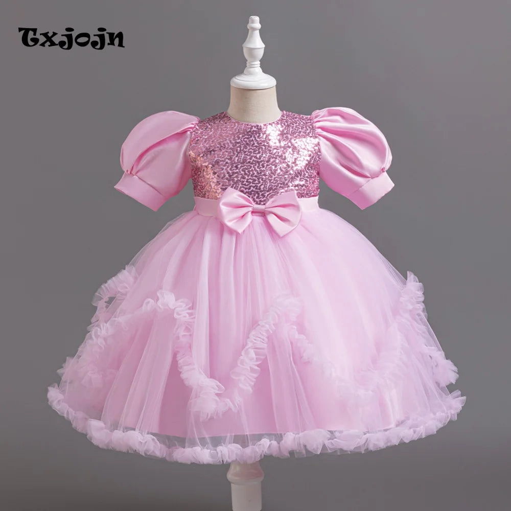 Girl's Dress 3-14 Years Old Girl's Bow Princess Dress Sequined Puff Sleeve Mesh Dress
