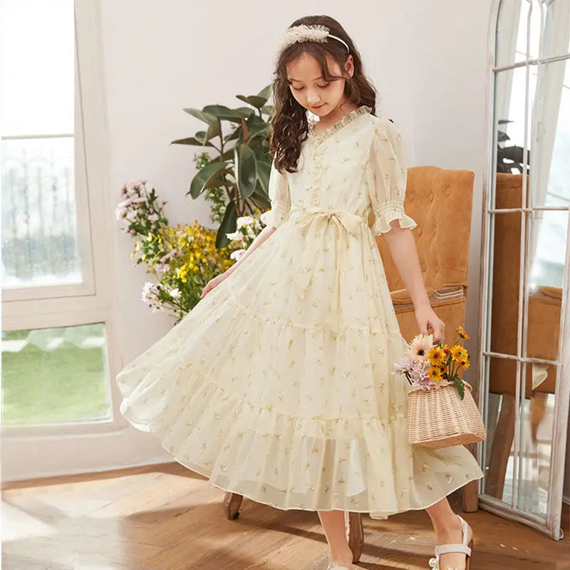 Girls Summer Chiffon Floral Dress Fashion Bow Lace Elegant Girl Kids Birthday Long Dress