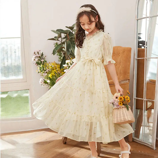 Girls Summer Chiffon Floral Dress Fashion Bow Lace Elegant Girl Kids Birthday Long Dress