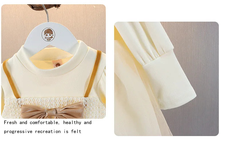 Elegant Baby Girl's Dress Spring Autumn Long Sleeved Princess Style Birthday Party Clothes Sweet Big Bow Lace Children's Dress