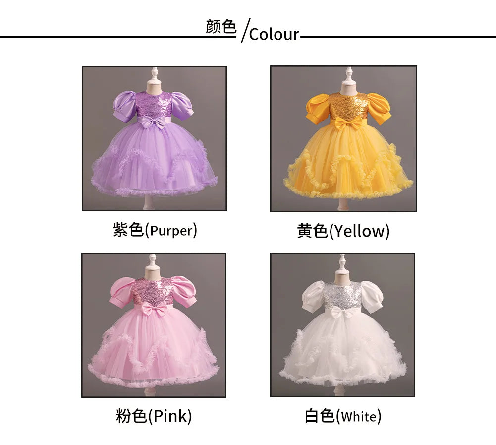 Girl's Dress 3-14 Years Old Girl's Bow Princess Dress Sequined Puff Sleeve Mesh Dress